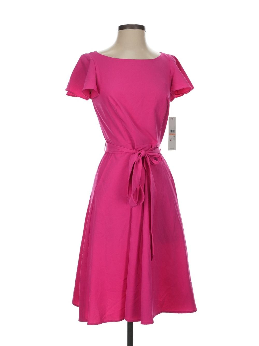 NWT Calvin Klein Bright Pink Tie-Waist Midi Dress with Flutter Sleeves